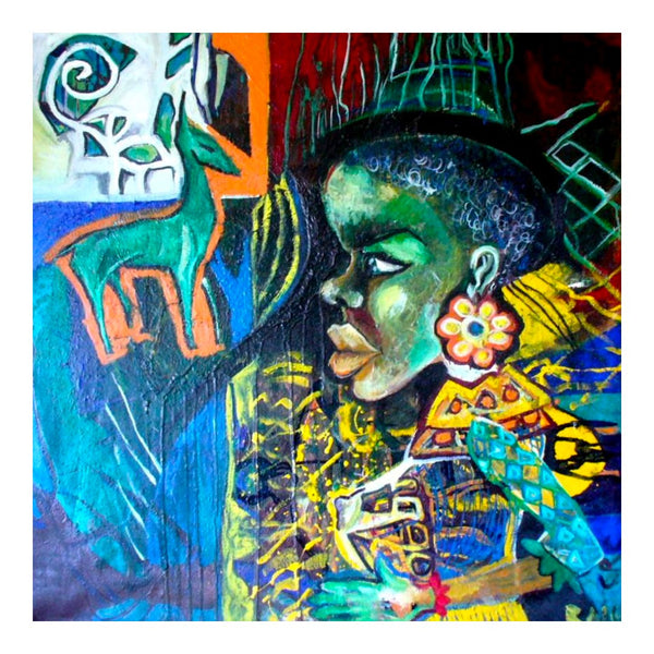 Black woman by Ralu - a woman in profile with a flower earring among turquoise, orange and yellow shapes
