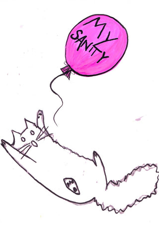 My Sanity by Camilla Nilsson - a cat in black outline losing hold of a pink balloon