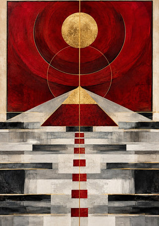 Pyramid by RA - a gold disc over a red ground above a pyramid and stepped grey bands