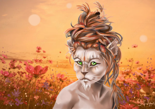 lion woman by Sofia de Lemos - a lion-faced woman in a field of pink cosmos at sunset