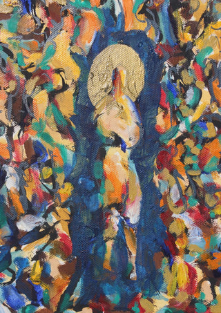 The Halo Up Close by António D'Albuquerque - a figure with a gold halo in a crowd of colour