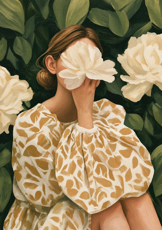Behind the Peony by Martina Karlsson - a woman holding a white peony before her face