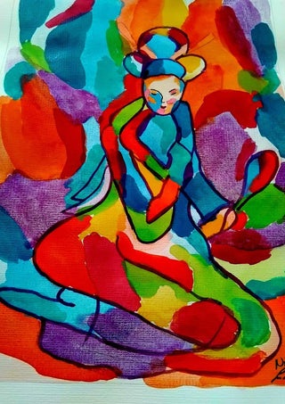 Geisha by Nittaart - a kneeling geisha in ink line over bright watercolour patches