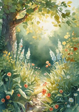 Secret garden by Ohkimiko - sunlight through green leaves onto white foxgloves