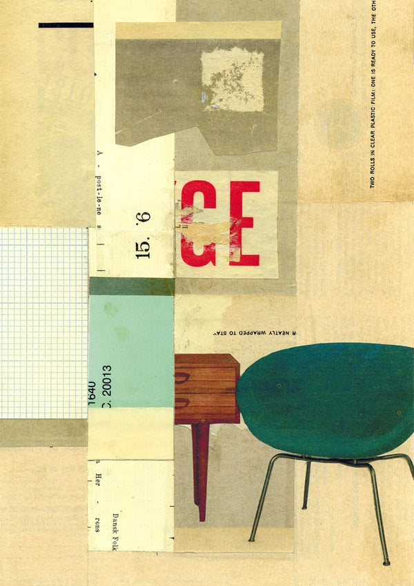 Neatly Wrapped by Kareem Rizk - layered aged paper with a teal moulded chair and a wooden side table