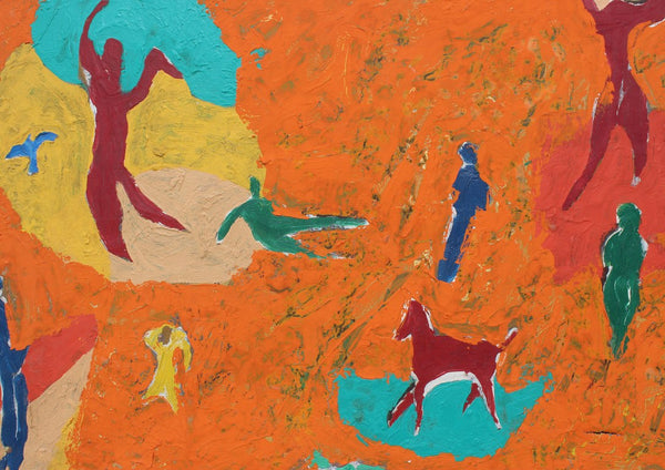 Constellation of Fire by António D'Albuquerque - figures, a horse and a bird on a thick orange field