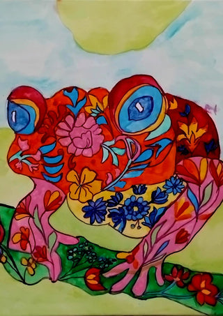 Color frog by Nittaart - a frog covered in pink, yellow and blue flowers with turquoise eyes