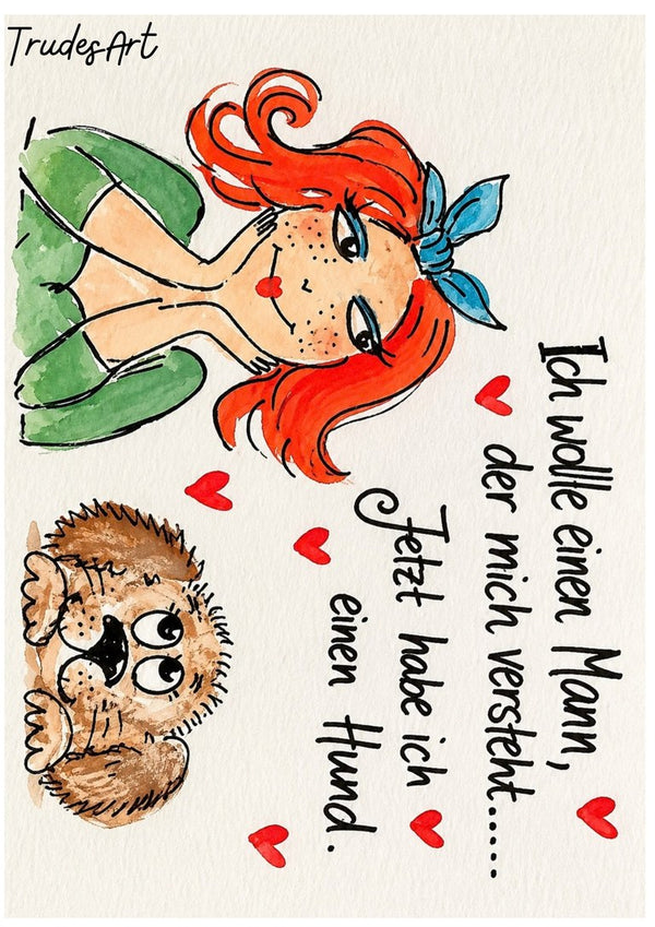 Ich wollte einen Mann by Trude - a red-haired girl and a shaggy dog with a handwritten German line