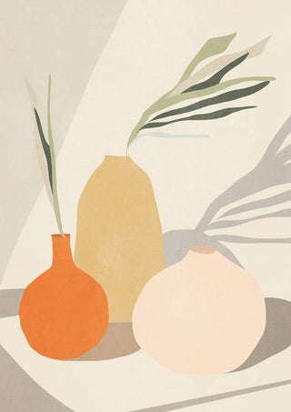 Vases 2 by ThingDesign - three vases with leaves and long shadows on a cream ground