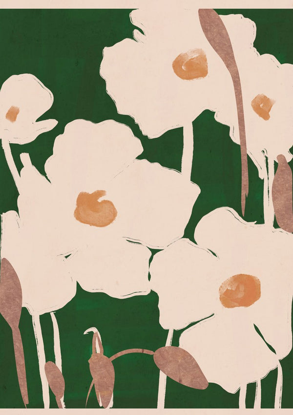 Abstract Flowers 9 by ThingDesign - cream flowers with ochre centres on a deep green ground
