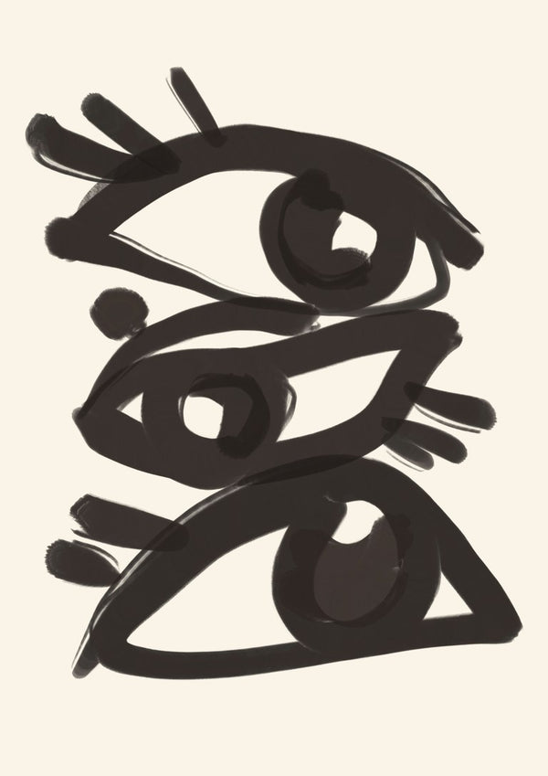 Abstract line art eyes 3 by ThingDesign - three brushed eyes in black on a cream ground