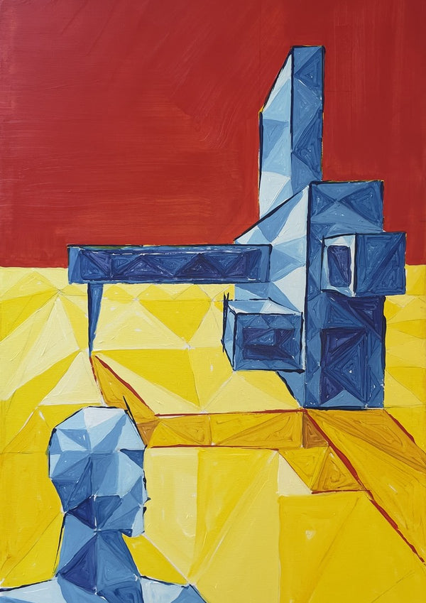 Facing the Monument by Linor Citaku - a faceted blue structure on a yellow plain under a flat red sky