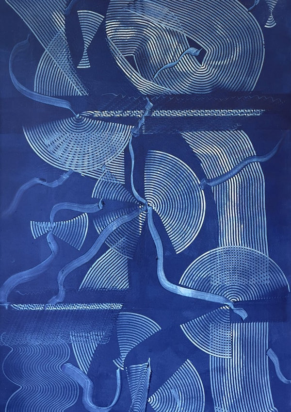 Curved lines / blue field by Linor Citaku - fans and combed white lines scratched into a deep cobalt ground