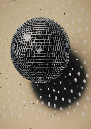 Disco Star by Carl Smith ART - a silver mirror ball with a sprayed black shadow and white light