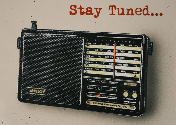 Stay Tuned by Carl Smith ART - a black vintage world band radio with a red tuning needle