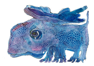The Blue Watcher by Lena Galé - a one-eyed blue creature with ribbed crests drawn in ink on white