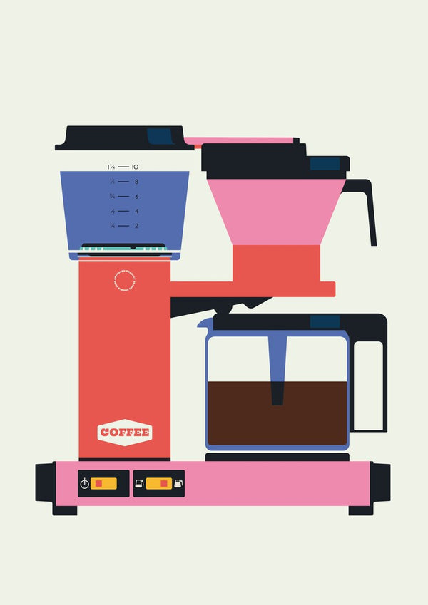 Pastel coffee by Bo Lundberg - a pink and coral red filter coffee machine on off-white