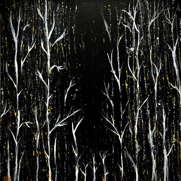 White Birches at Night by Marcel Herrmann - slender white birch trunks crowded against a black ground