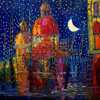 Domes under the Moon by Justyna Kopania - lit domes and a crescent moon over a deep blue night