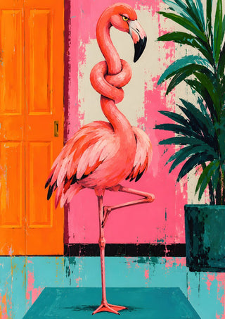 Knot today x Flamingo by Decker Studios - pink flamingo with a knotted neck by an orange door