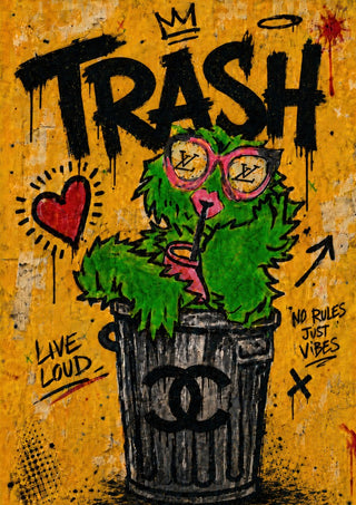Trash x Grafitti by Decker Studios - green monster in pink sunglasses in a dustbin on a yellow graffiti wall