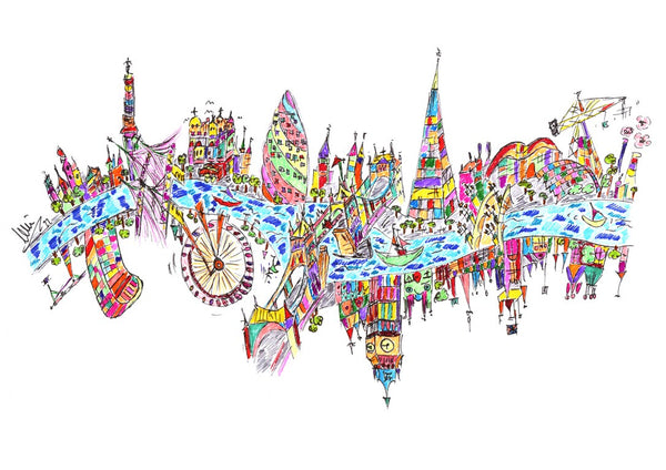 London by ullimcart - a long skyline with a clock tower and a ferris wheel above a blue river