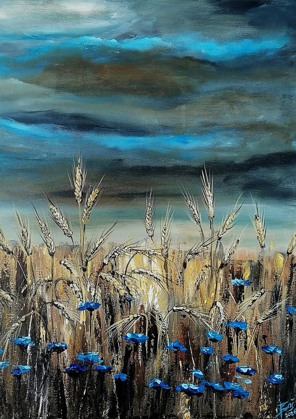 Blue fields by Lüba - ripe wheat with blue cornflowers under a heavy blue and grey sky