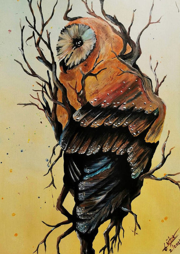 Between worlds by Lüba - an owl in ochre and blue-black with bare branches across a pale yellow ground