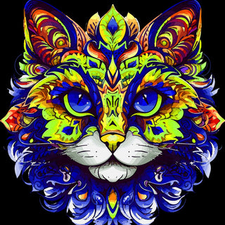 The Ornamental Cat by BunteBeute - a cat's face built from blue and green ornament on black