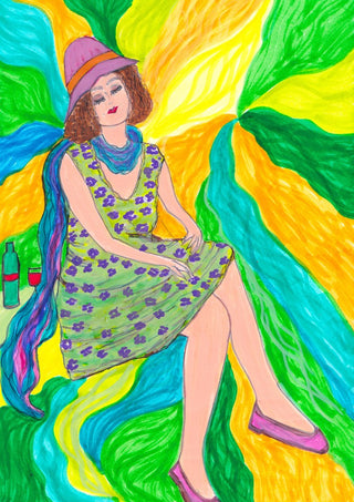 The Lilac Hat by Camilla Nilsson - a seated woman in a lilac hat and green dress against swirling yellow and green