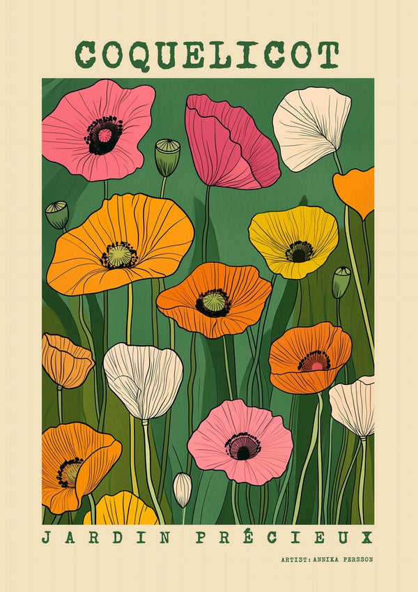 COQUELICOT by Annika Persson - pink, orange and cream poppies on a green panel with lettering