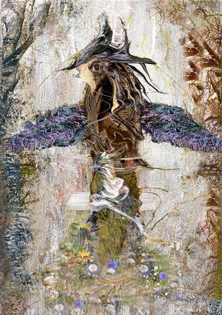 All Harm Ends Here by Henrik Kock - a winged figure with spread arms in a pale winter wood