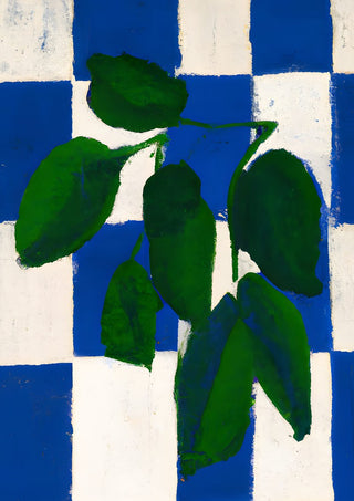 Checkered greenery by Interiorisla - green leaves across a cobalt and white checkerboard