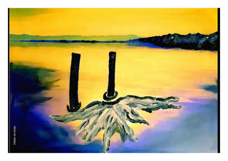 VERLORENE FLÜGEL BEI ZWEI PFÄHLEN IM SEE by Dieter de Harju - two black posts and a pale wing on a yellow lake