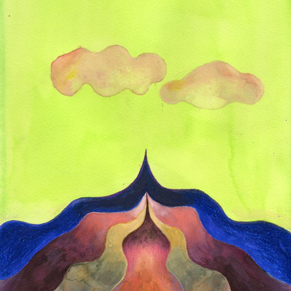 Mountain Under a Green Sky by Shimmering Ugly - two sand clouds over a banded blue and coral peak on lime green