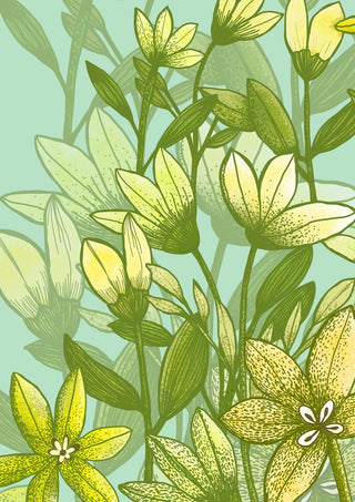 Buttercups in spring by Creationsbyeditabrus - yellow star flowers among green leaves on mint