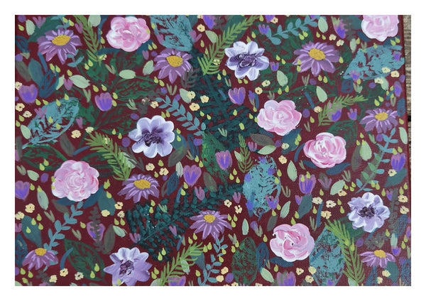 Hamble cottage by Rebecca Wright - pink and lilac flowers with teal leaves on a deep burgundy ground