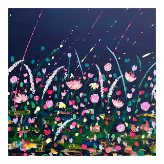 Thames Rain by Rebecca Wright - pink waterlilies and white grasses against a near black night sky