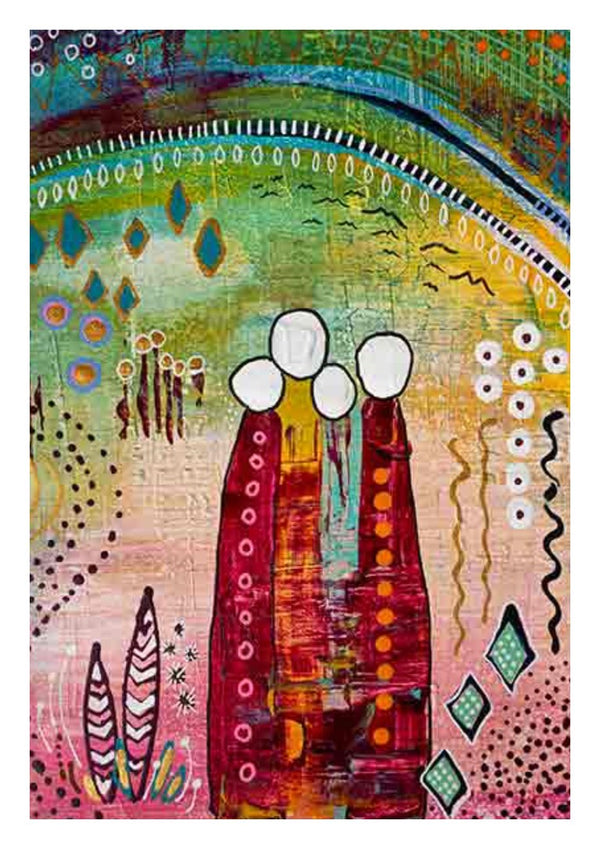 Fairy Tale 1 by Art Anne Lee - three red-robed figures under an arc of white rings