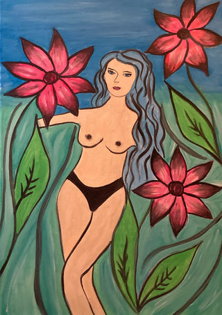 Body and Flowers. 2924 by Carmen Coduri - a woman with blue-grey hair among green leaves and red flowers