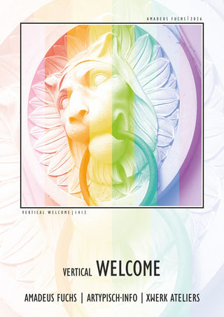 Vertical Welcome - Serial Signal by Amadeus Fuchs - a stone lion door knocker under vertical rainbow bands