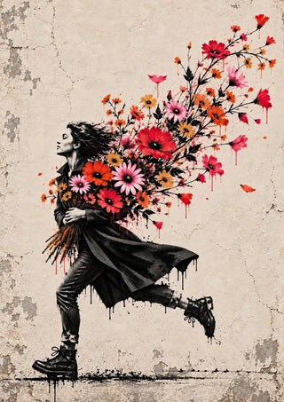 Running with Spring by Matthews Gallerie - a stencilled woman running with a trail of red, orange and pink flowers