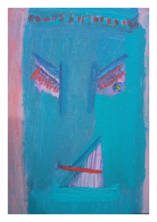 The Joy - De Vreugde by Motaz Nader - a turquoise face with red brows and mouth in thin dry strokes