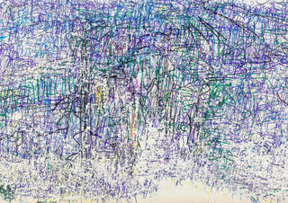 Usual Landscape by Priit Ruttas - a landscape drawn in dense blue, green and violet ballpoint strokes