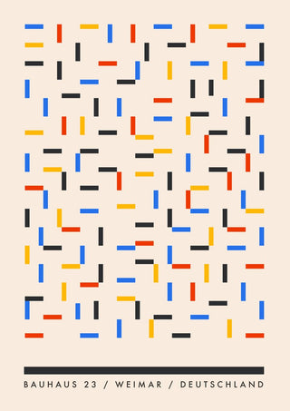 Bauhaus Dashes by Neil Stevens - blue, red, yellow and black dashes scattered on warm off-white