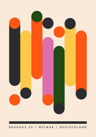 Bauhaus Columns by Neil Stevens - rounded bars in orange, yellow, pink and green on off-white
