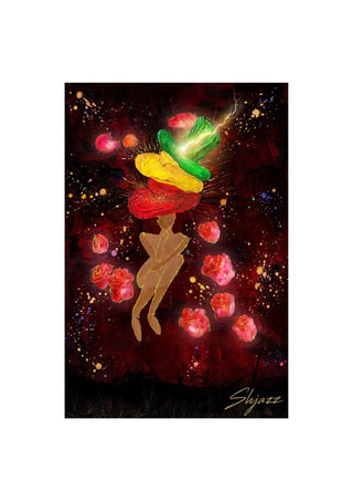 Nachtflits by Madame Petit - a golden figure on a deep red ground with a burst of colour and pink blooms