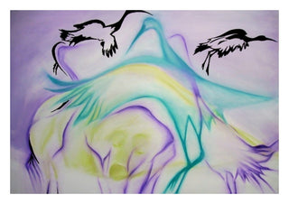 A Vida Animal Despertando by Luis Valquaresma - a reclining figure in lilac and teal lines with two black birds