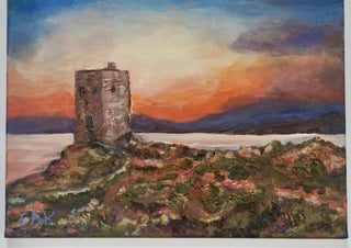 Sunset at Torre Santa Elena by PaKart - a stone tower above the sea under a gold and violet sky