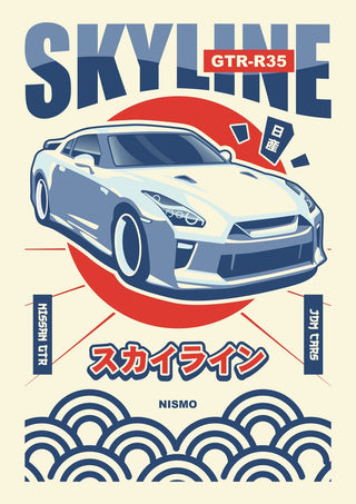Nissan GT-R R35 by Kaminarirace - the car on a red disc under Skyline lettering with blue wave arcs